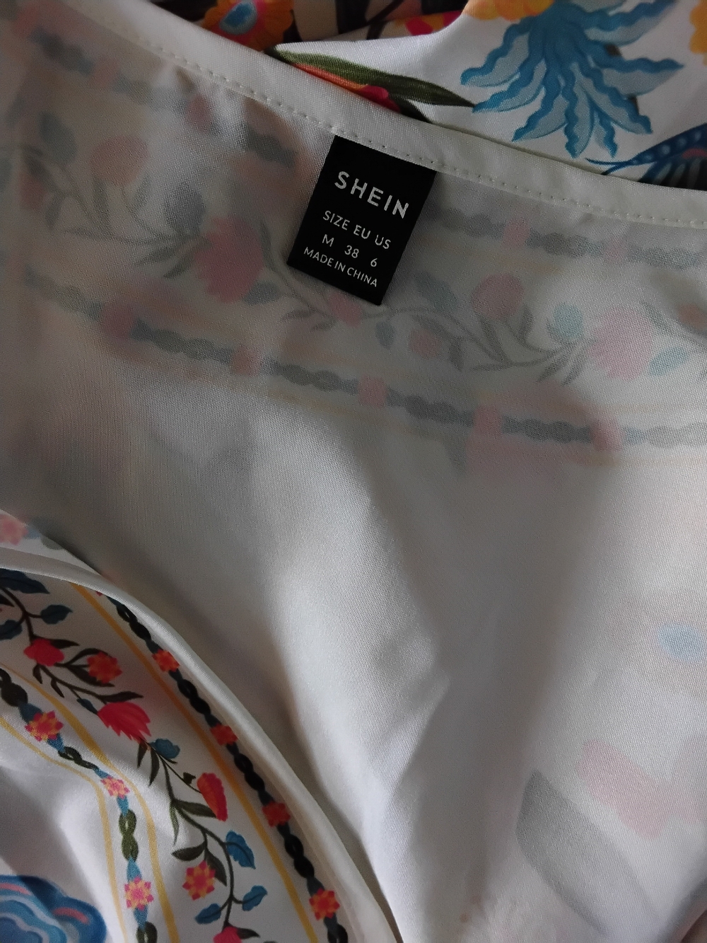 SHEIN White Floral Tie-Front Midi Dress with Blue, Yellow & Pink Accents - Picture 3 of 3